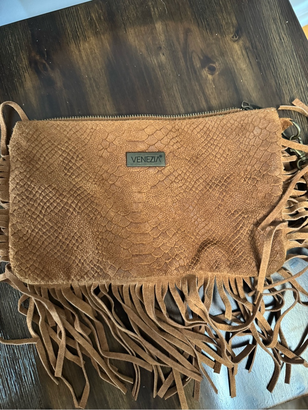 Venezia Tan Suede Snake-Embossed Fringe Clutch
